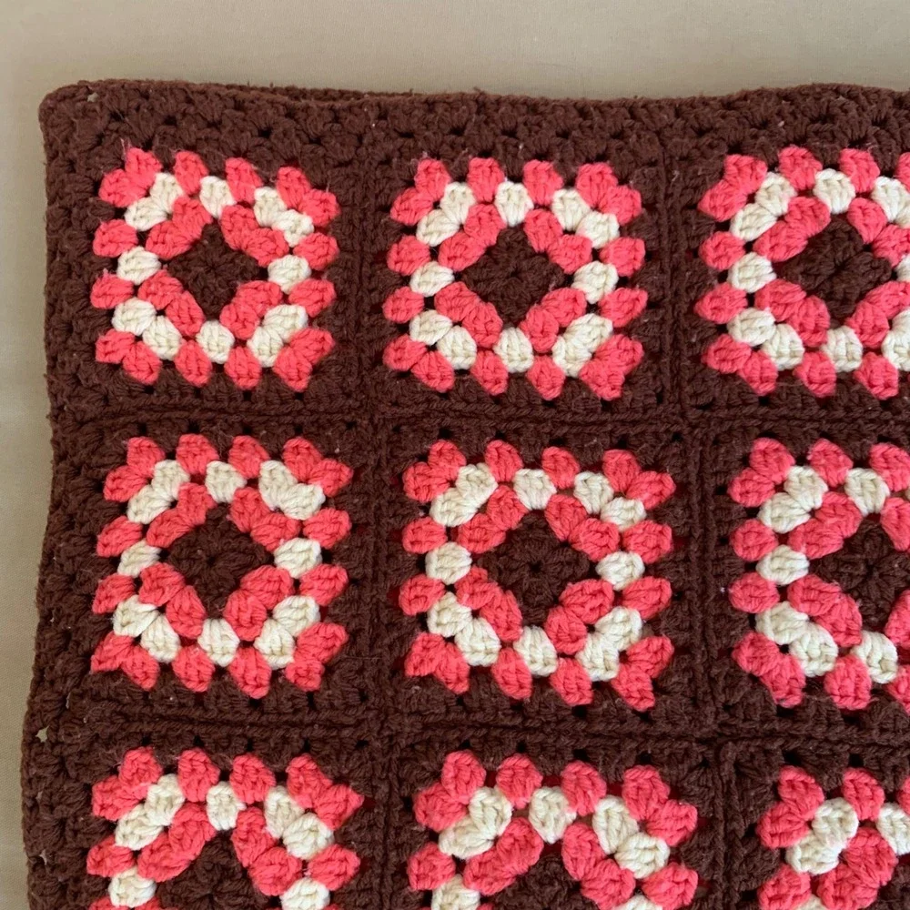 Handmade Granny Square Crochet Throw Blanket Afghan Brown Pink 63x42 Retro Boho